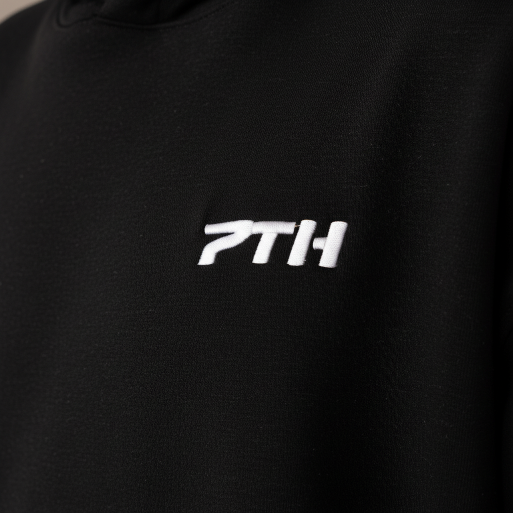 Close-up of white 7TH logo on black fabric